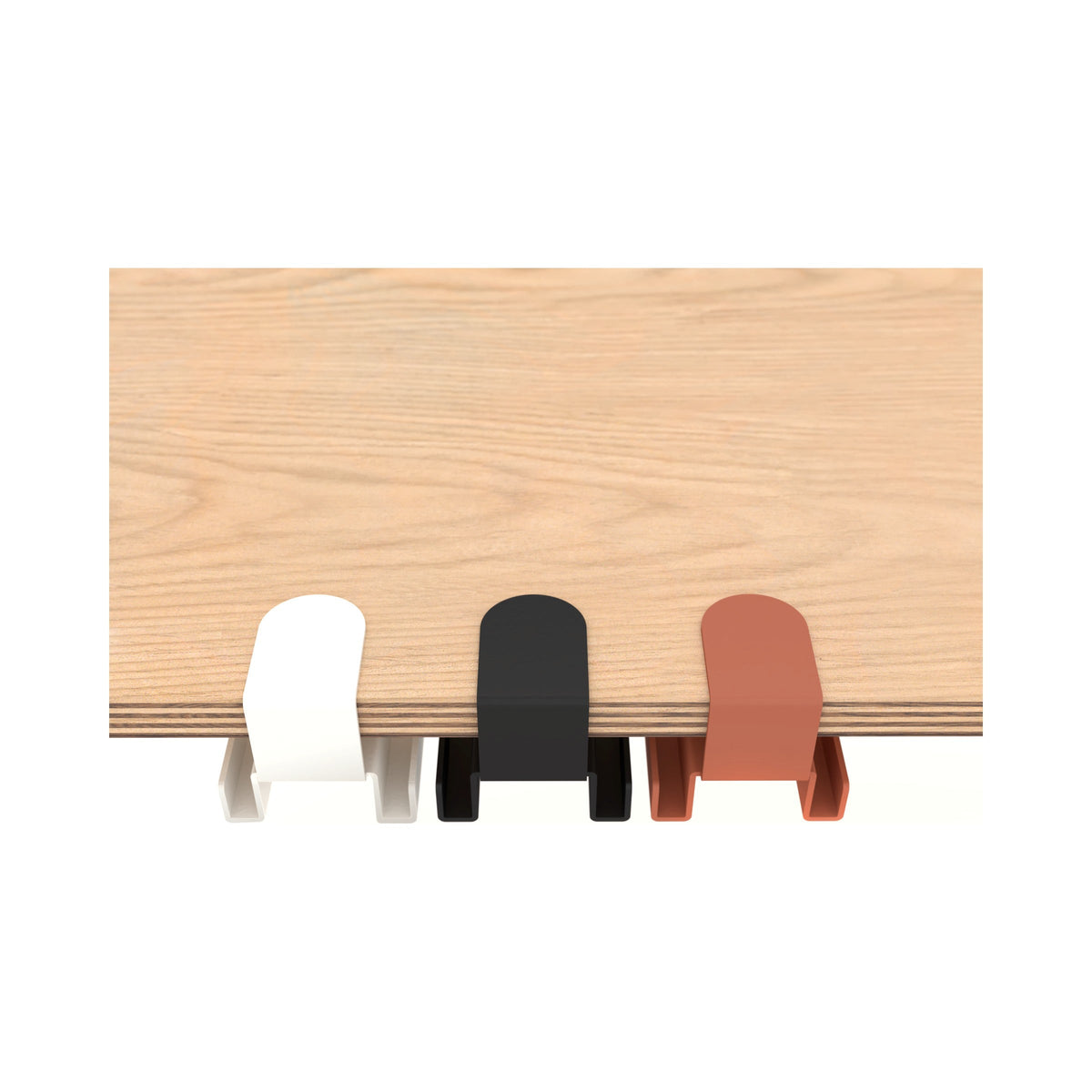 BAG HOOKs in white, black and terracotta clamped to a desk