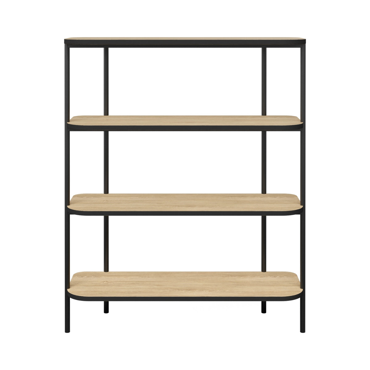 Bella welded shelving unit with a black frame and oak-look shelves