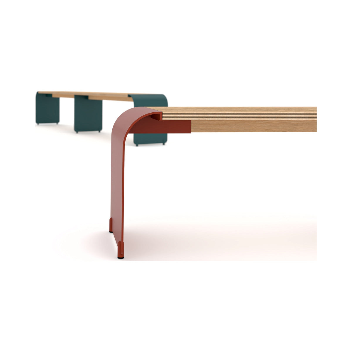 BENCH legs in teal and terracotta