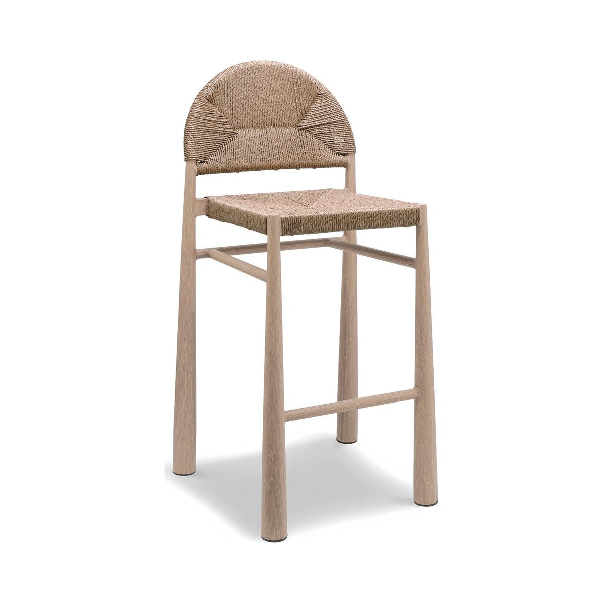 Calete outdoor bar stool with natural rope seat and teak-look frame, three-quarter view