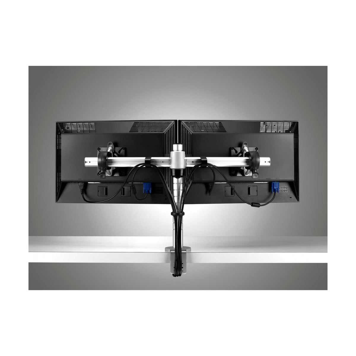 Wishbone Dual Bar Monitor Arm carrying two screens on a single post