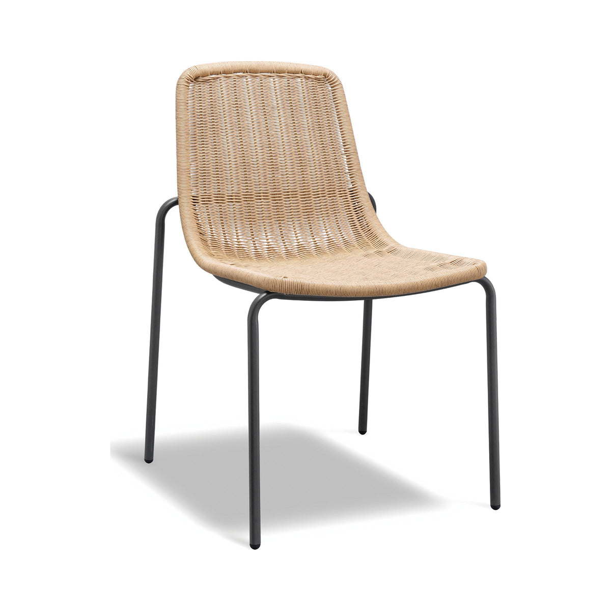 Cenote dining chair with natural rattan shell and charcoal frame, three-quarter view