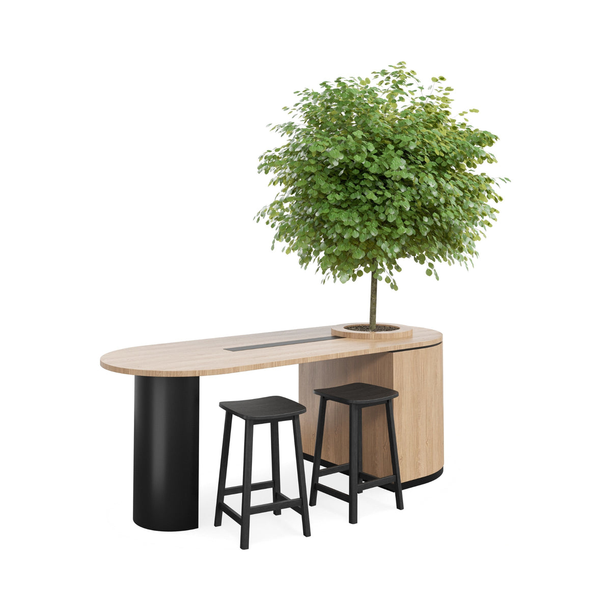 Eden garden high bench in oak-look and black with a tree and two stools