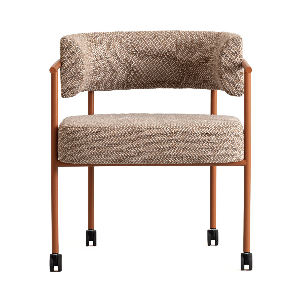 Fly Chair with orange frame and castors, front view