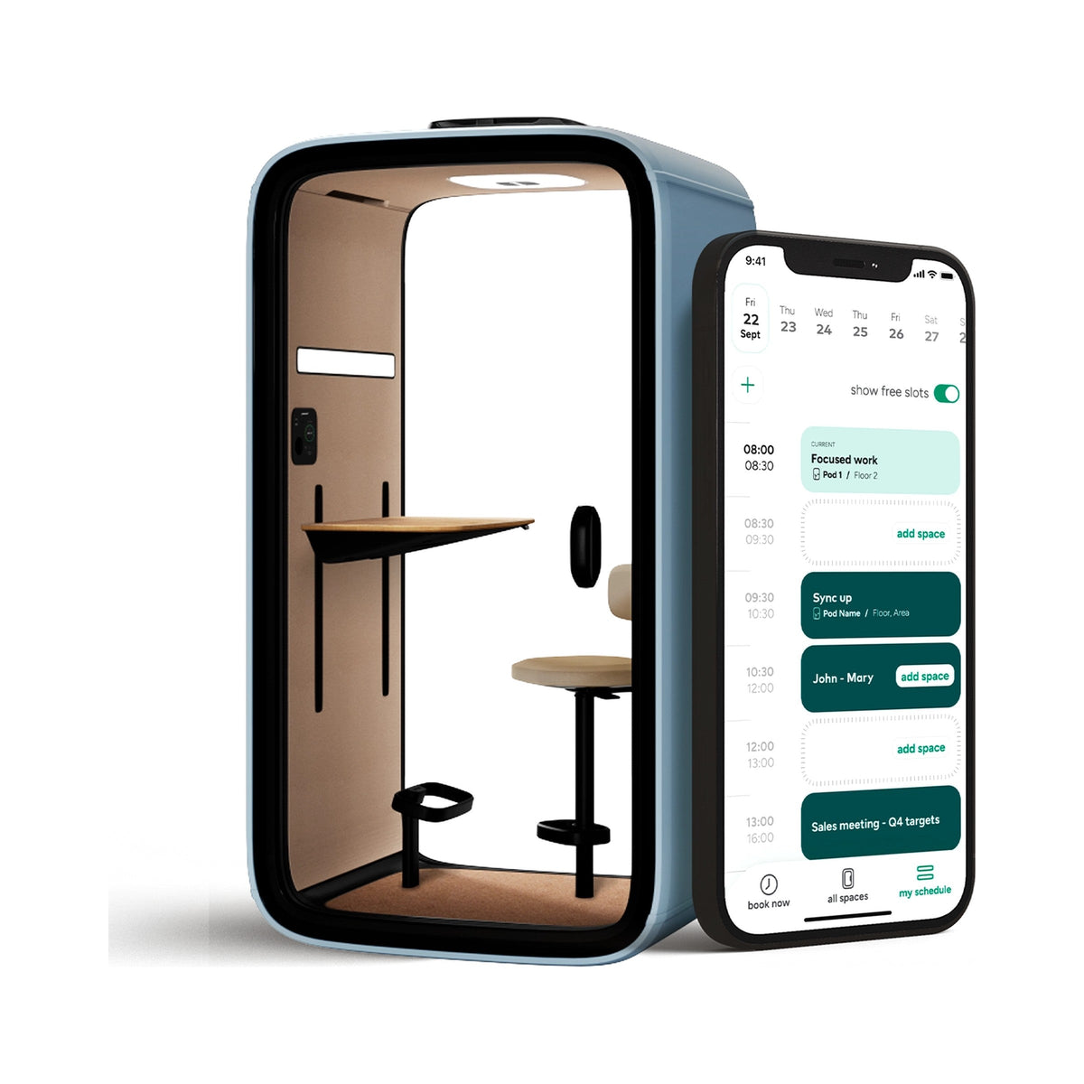 Framery App beside a Framery One pod
