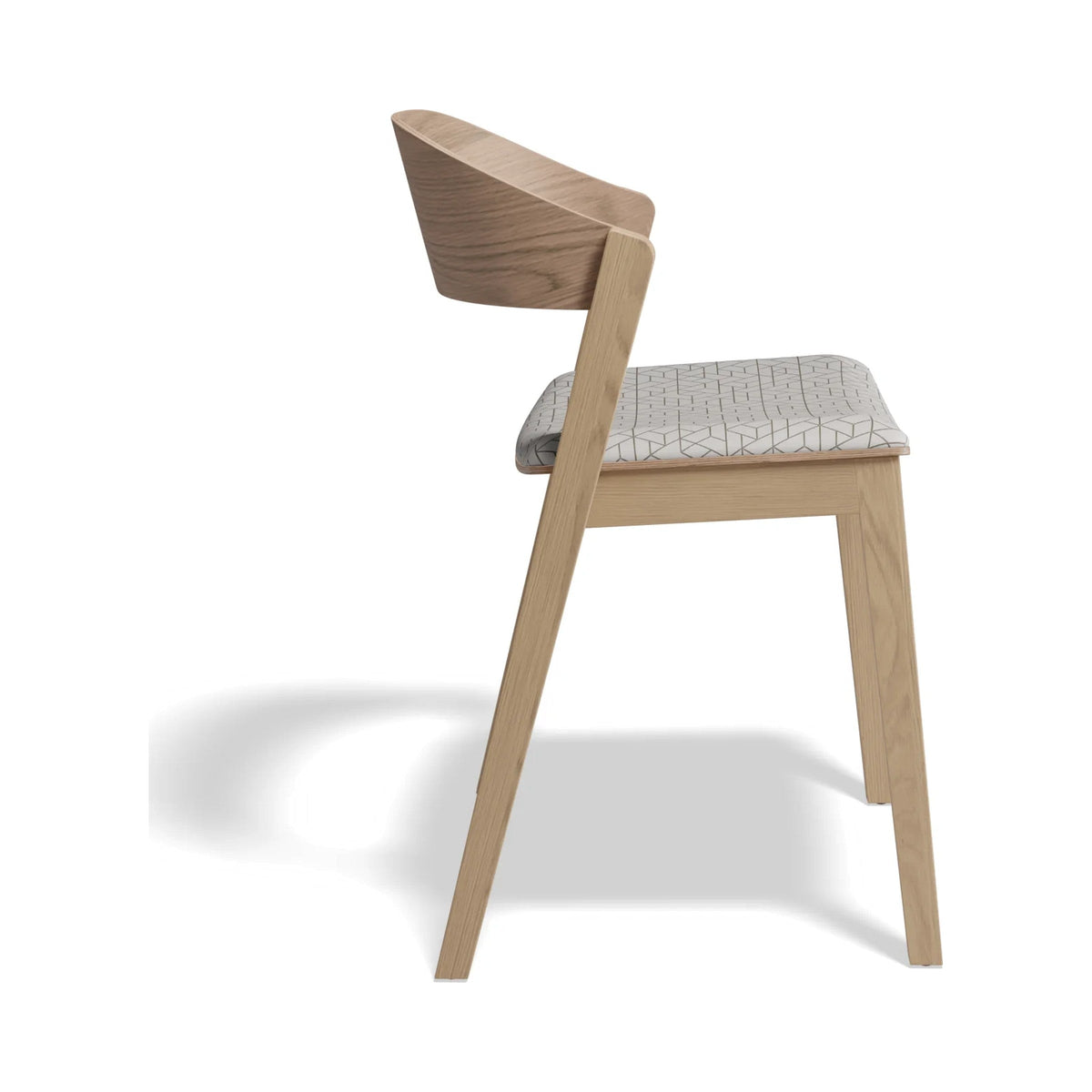 Grayson Dining Chair in natural oak with a patterned seat pad, side view