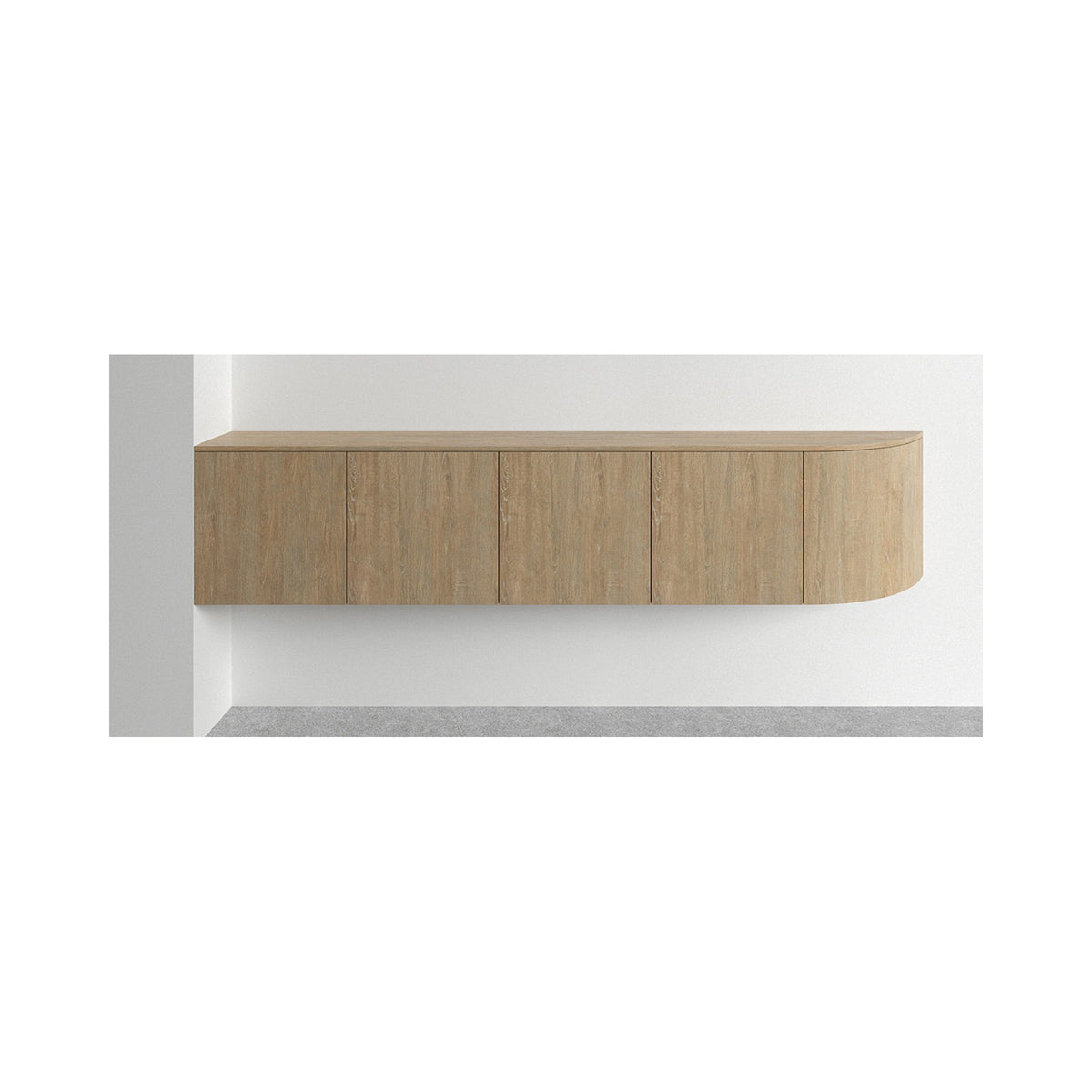 Half curved floating credenza in oak-look, wall mounted, left hand