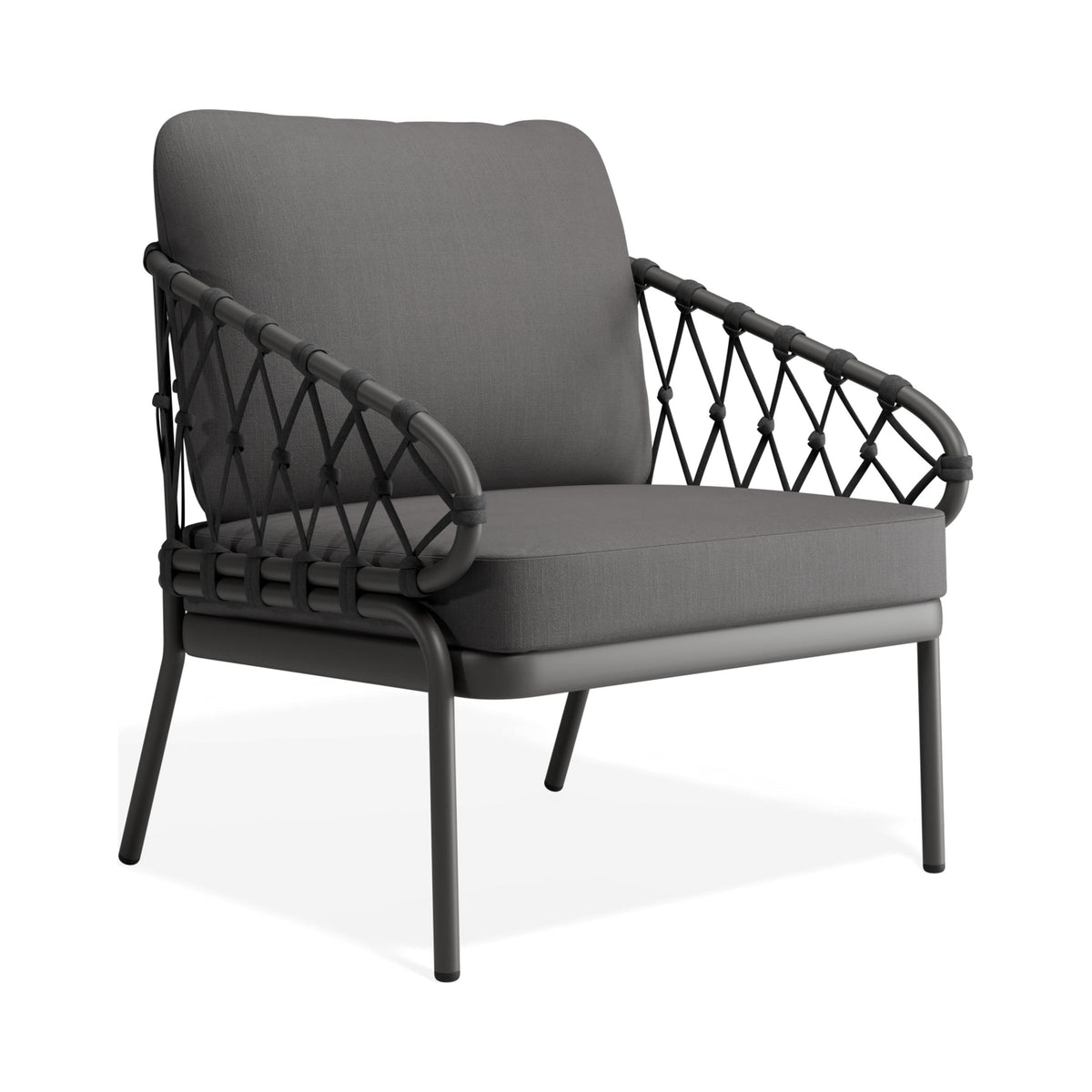 Kara lounge chair in charcoal with dark grey cushions, three-quarter view