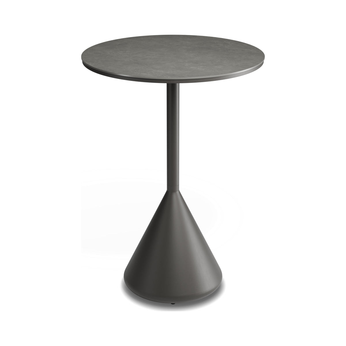 Kora high bar table with charcoal base and Basalt ceramic top, three-quarter view