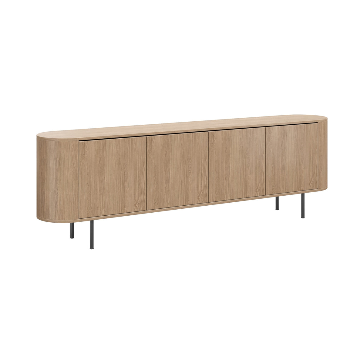 Lara credenza in oak-look with black legs, angled view