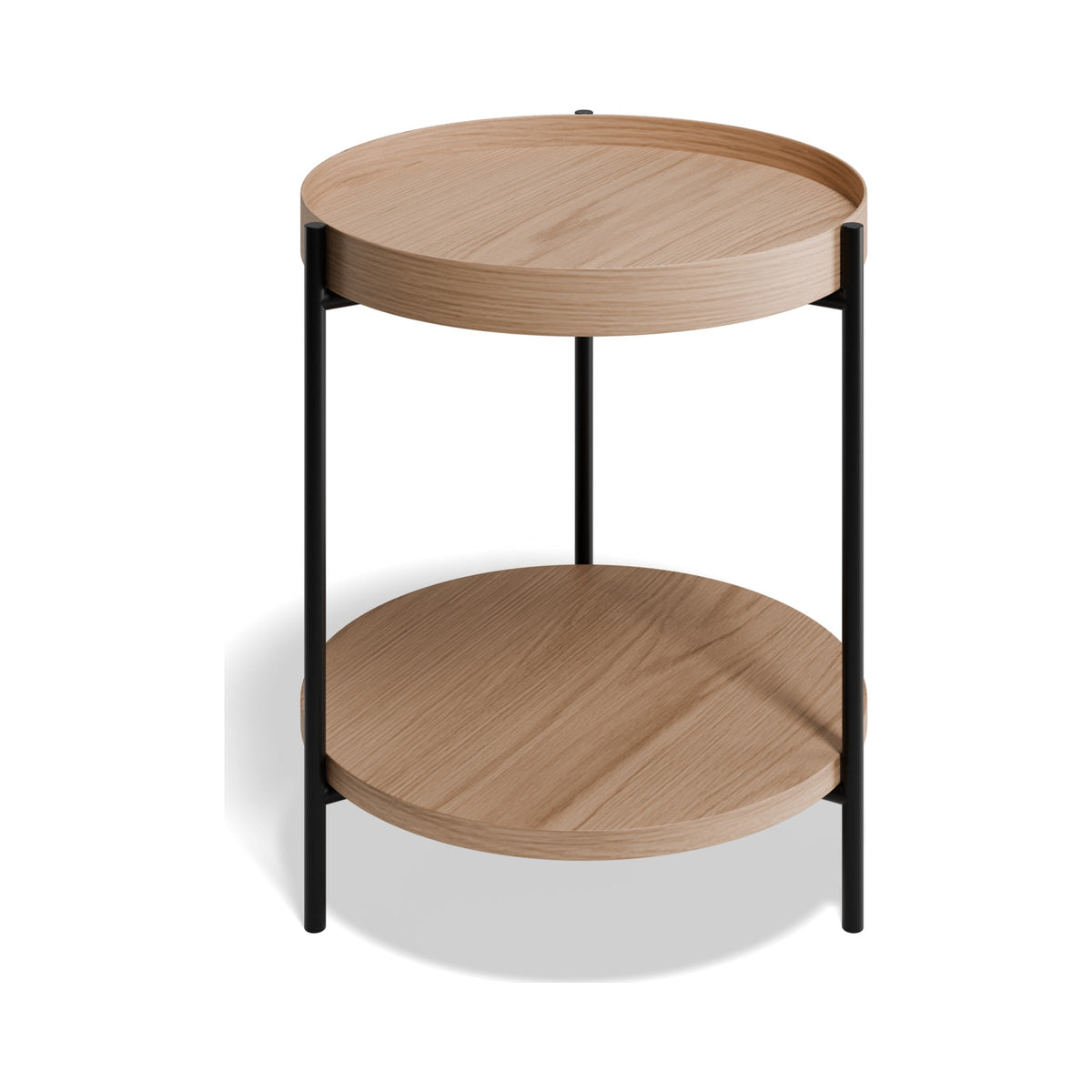 Layer round side table in natural ash with black legs, three-quarter view