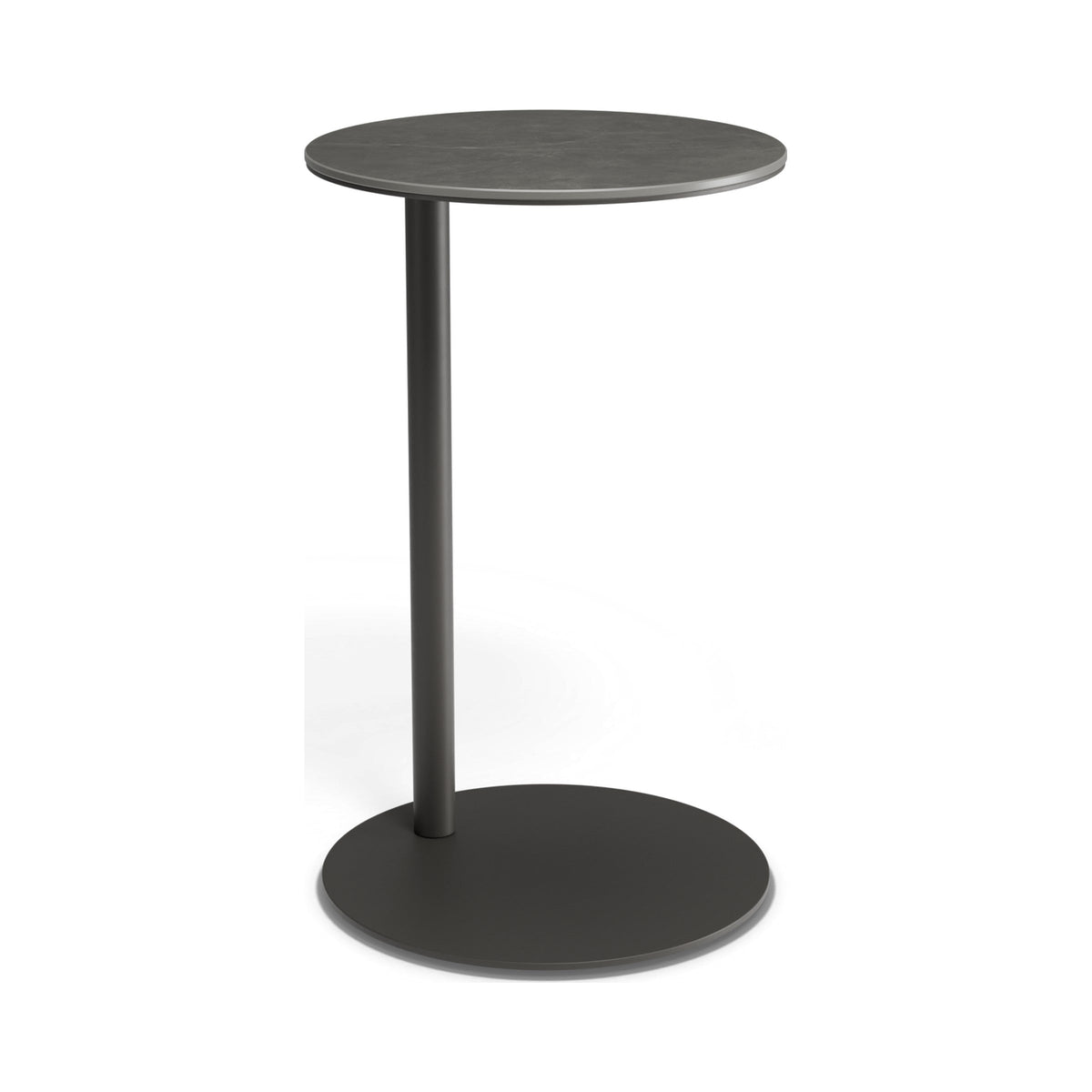 Lira side table in charcoal with Basalt ceramic top, three-quarter view