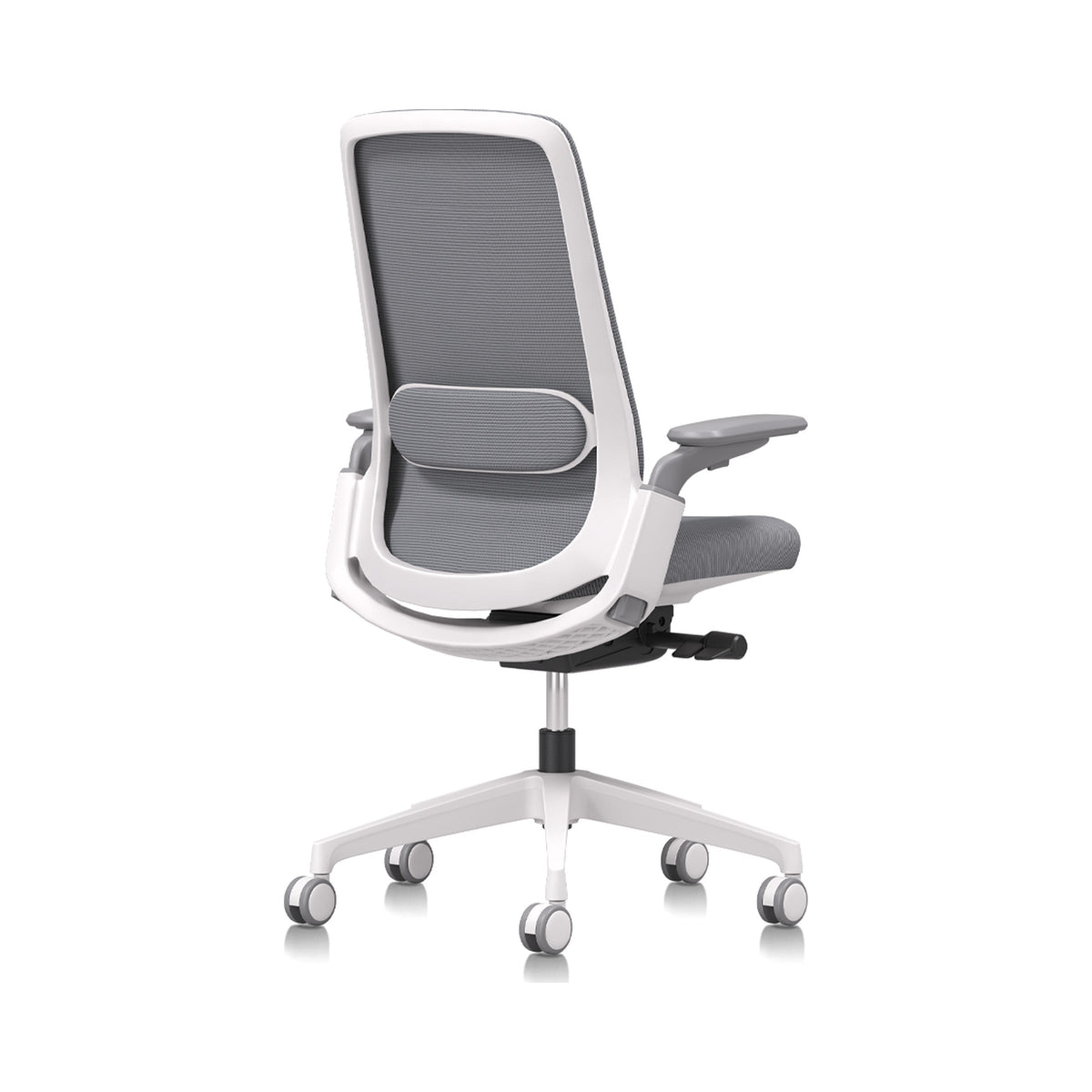 Locke task chair with a white frame and grey mesh