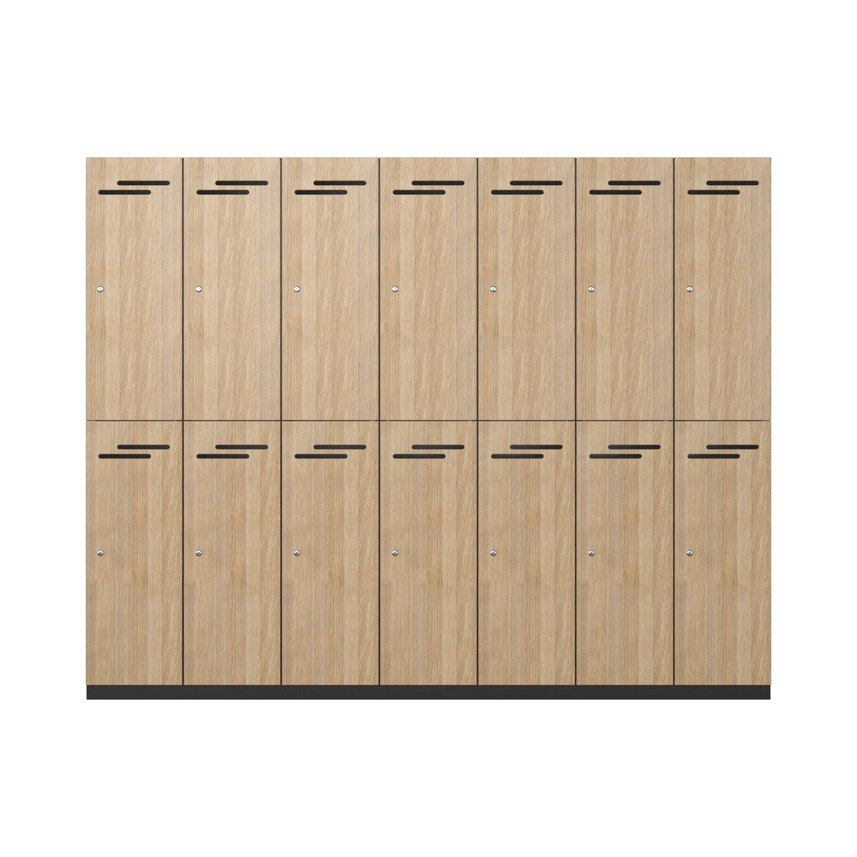 Two-door locker bank with woodgrain doors