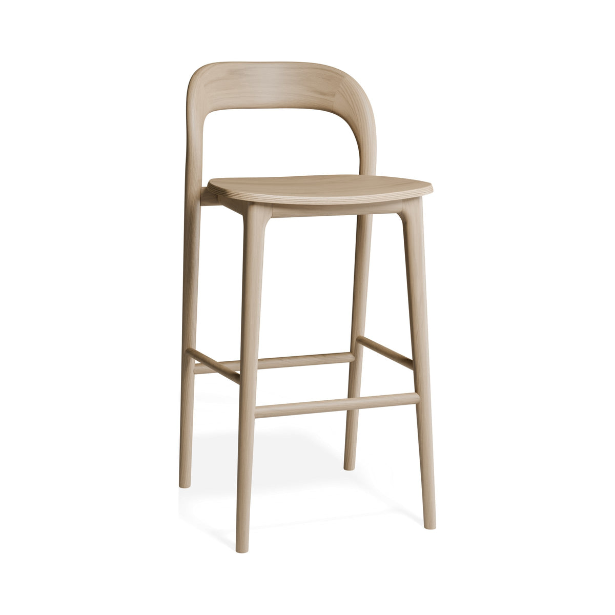 Mia Bar Stool in natural ash, bar height, three-quarter view