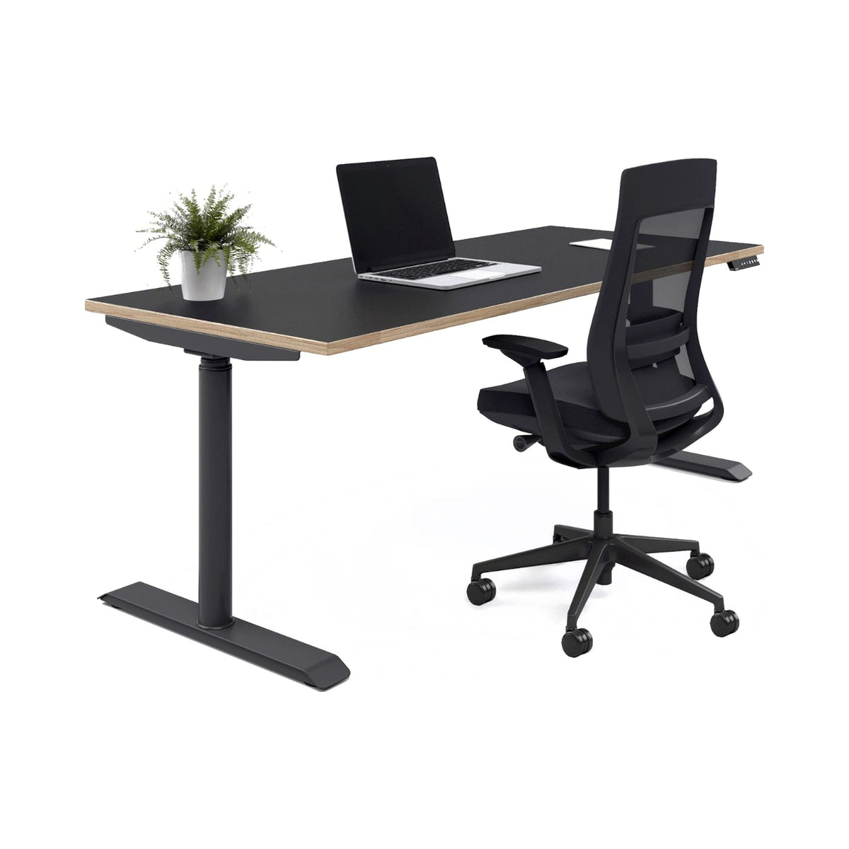 Motion Desk with a black frame, three-quarter view