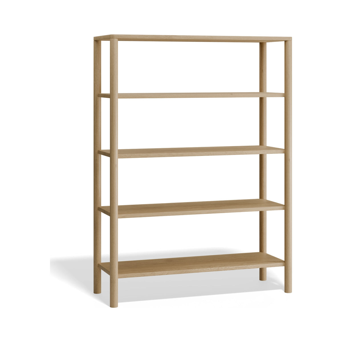 Nordica tall bookcase in natural oak, three-quarter view
