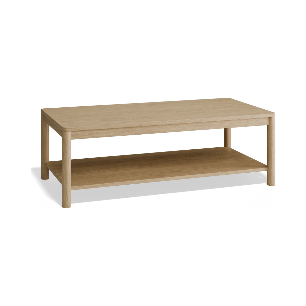 Nordica rectangular coffee table in natural oak with lower shelf, three-quarter view
