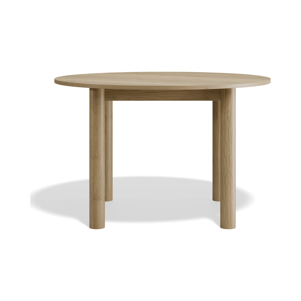 Nordica 1200 mm round dining table in natural oak, side view