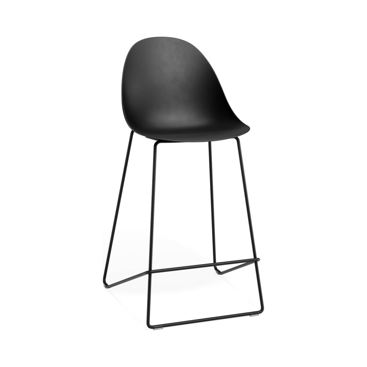 Pebble Stool with a black shell on a black frame, counter height