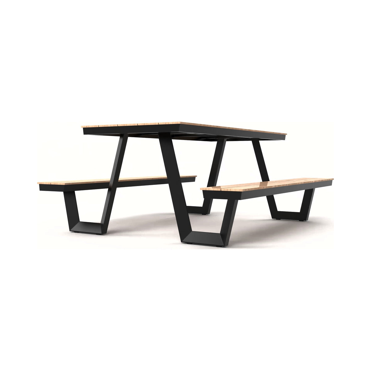 Picnic bench with a black frame and timber-look bench slats