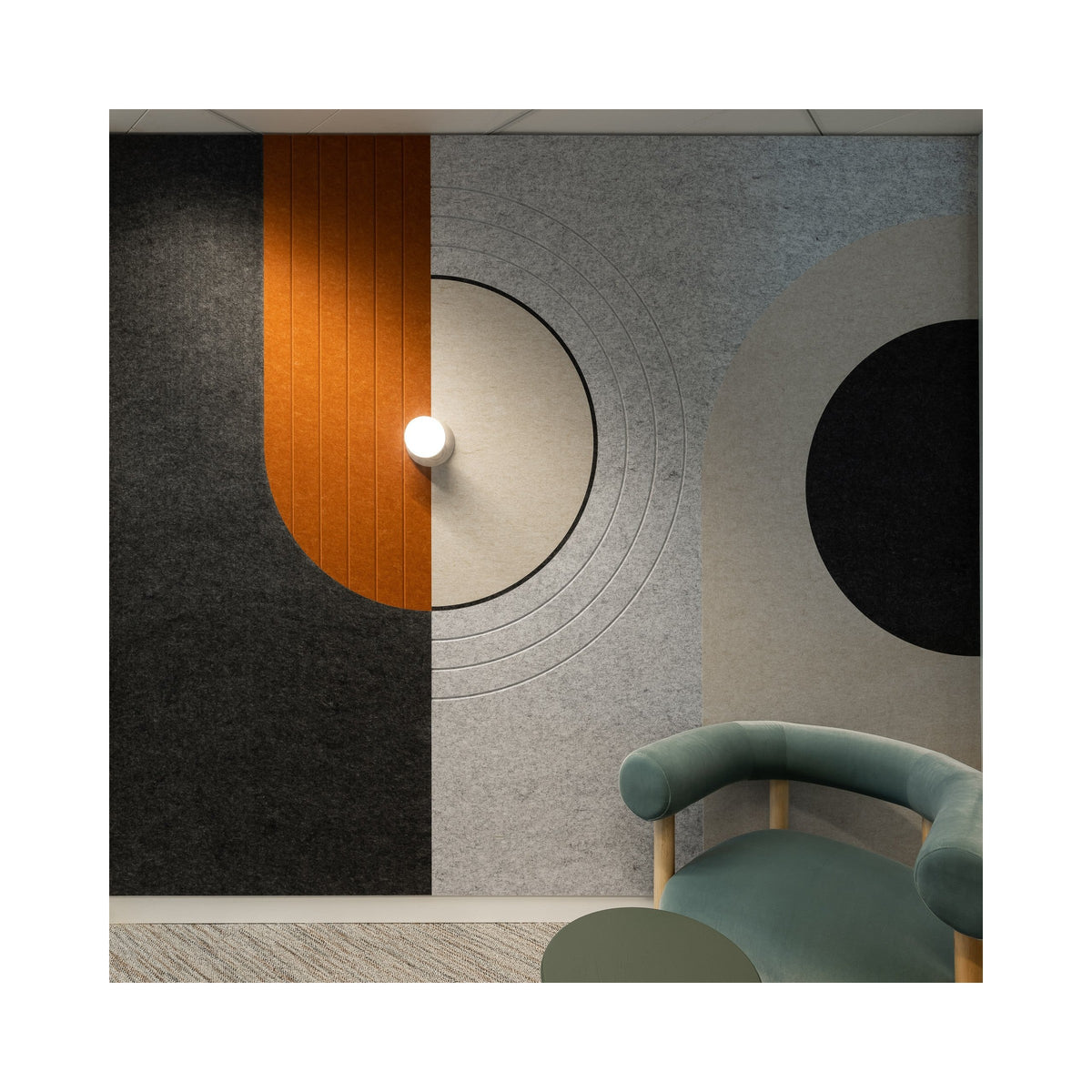 RAPT wall covering in orange and charcoal