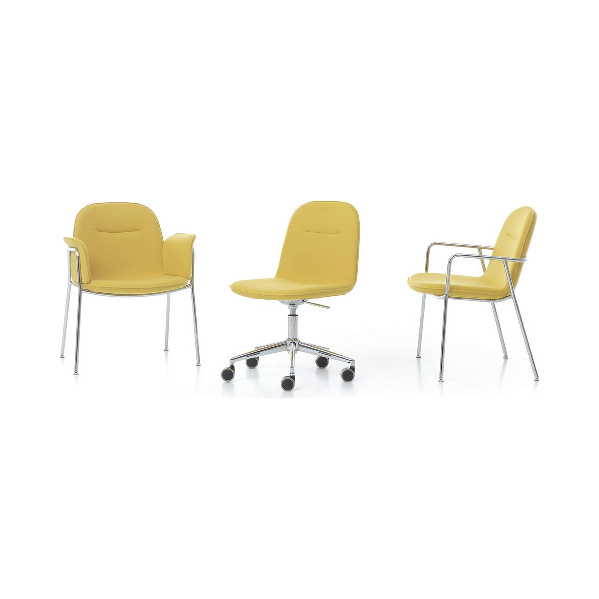 Three Reptile Mini chairs in yellow on four-leg and 5-star bases