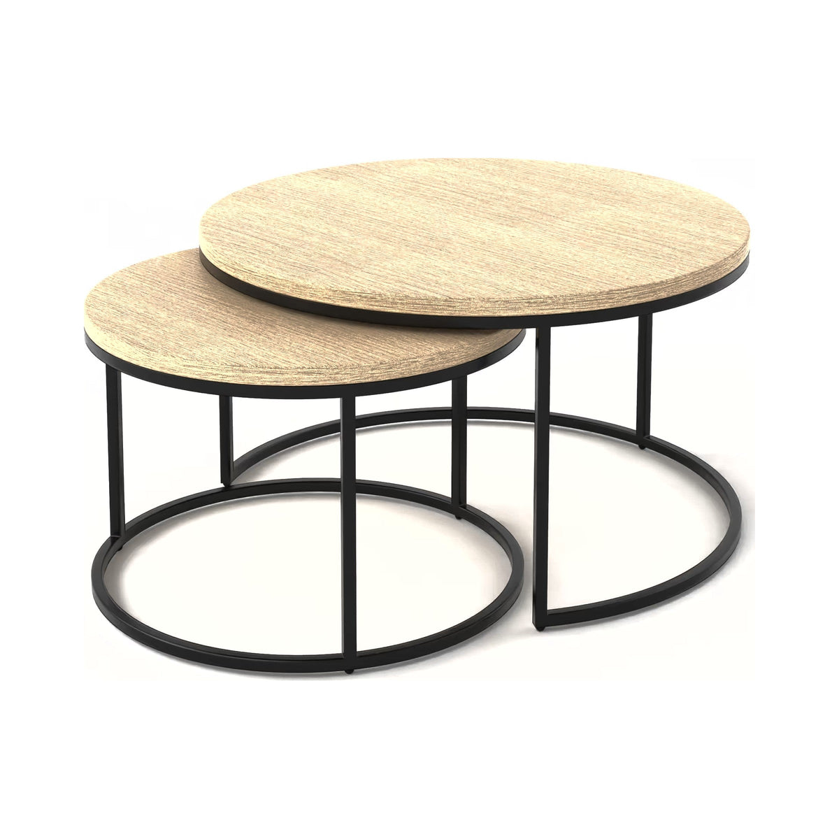 Ring nesting coffee tables in black with round timber-look tops