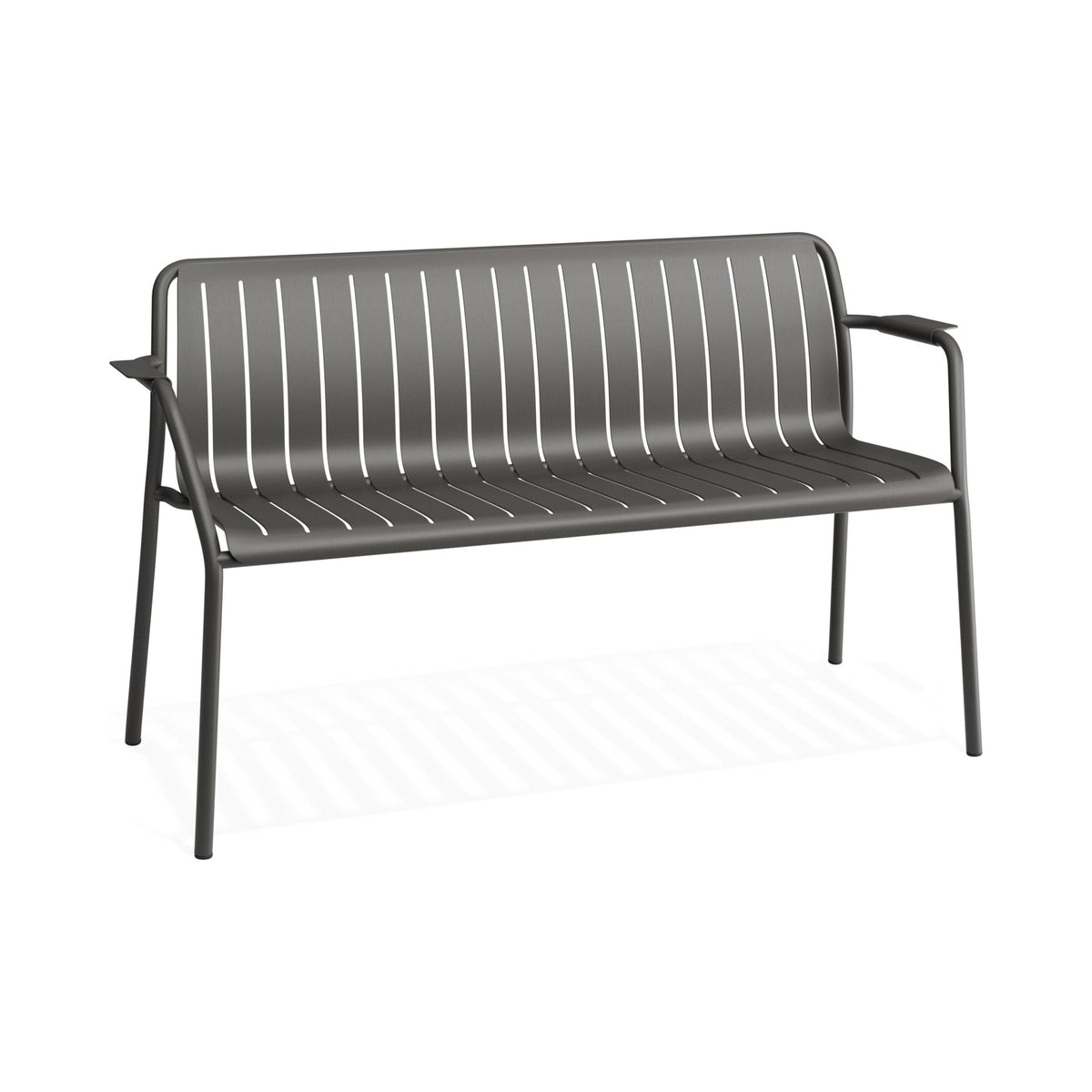 Roku garden bench in charcoal, three-quarter view