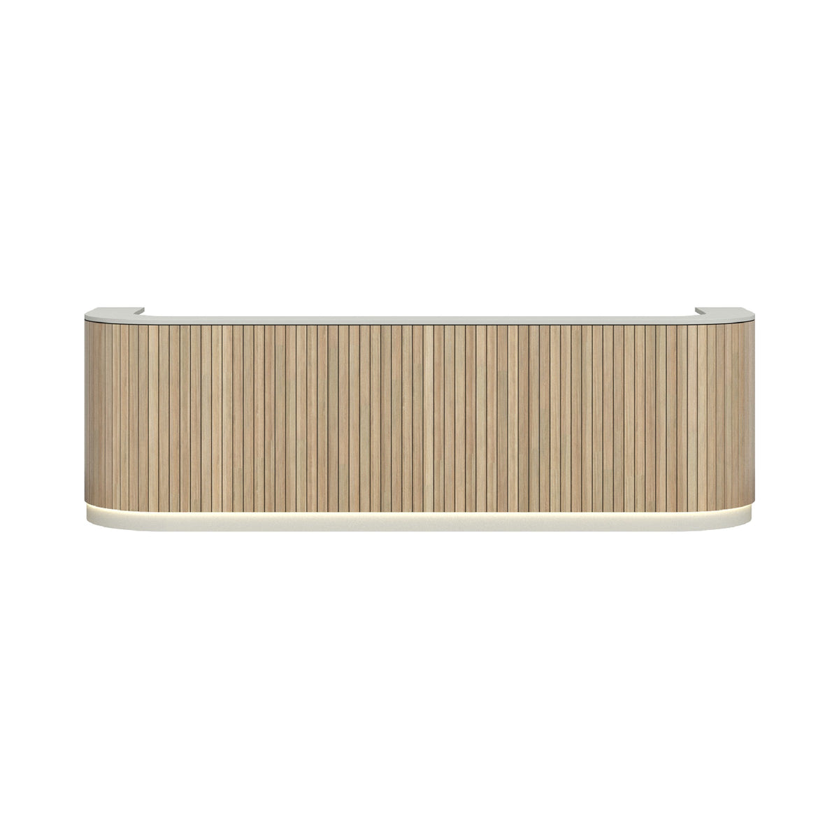 Roxi Arena reception desk in oak-look with a lit plinth, front view