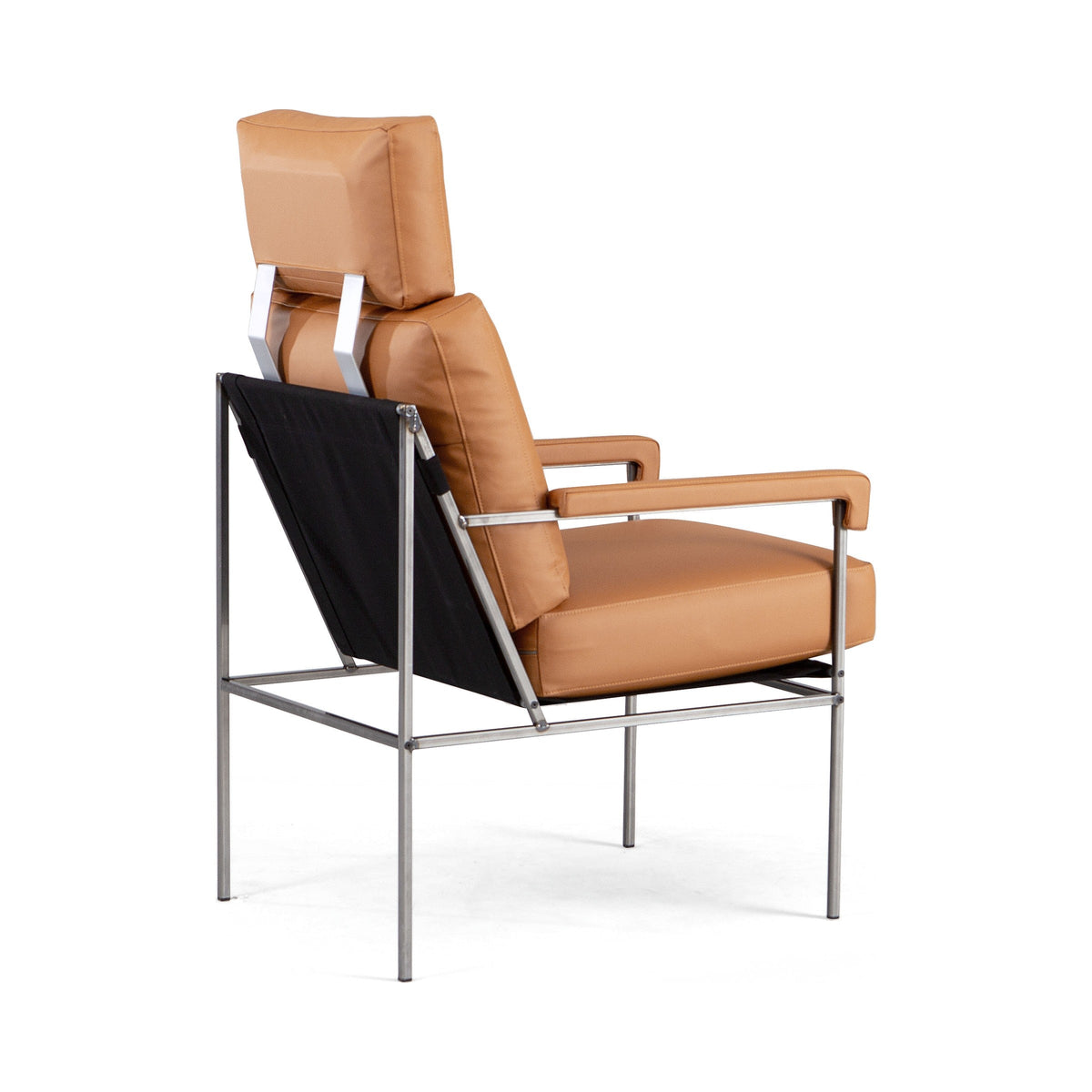 Seventy Five Care armchair in tan leather, rear three-quarter view