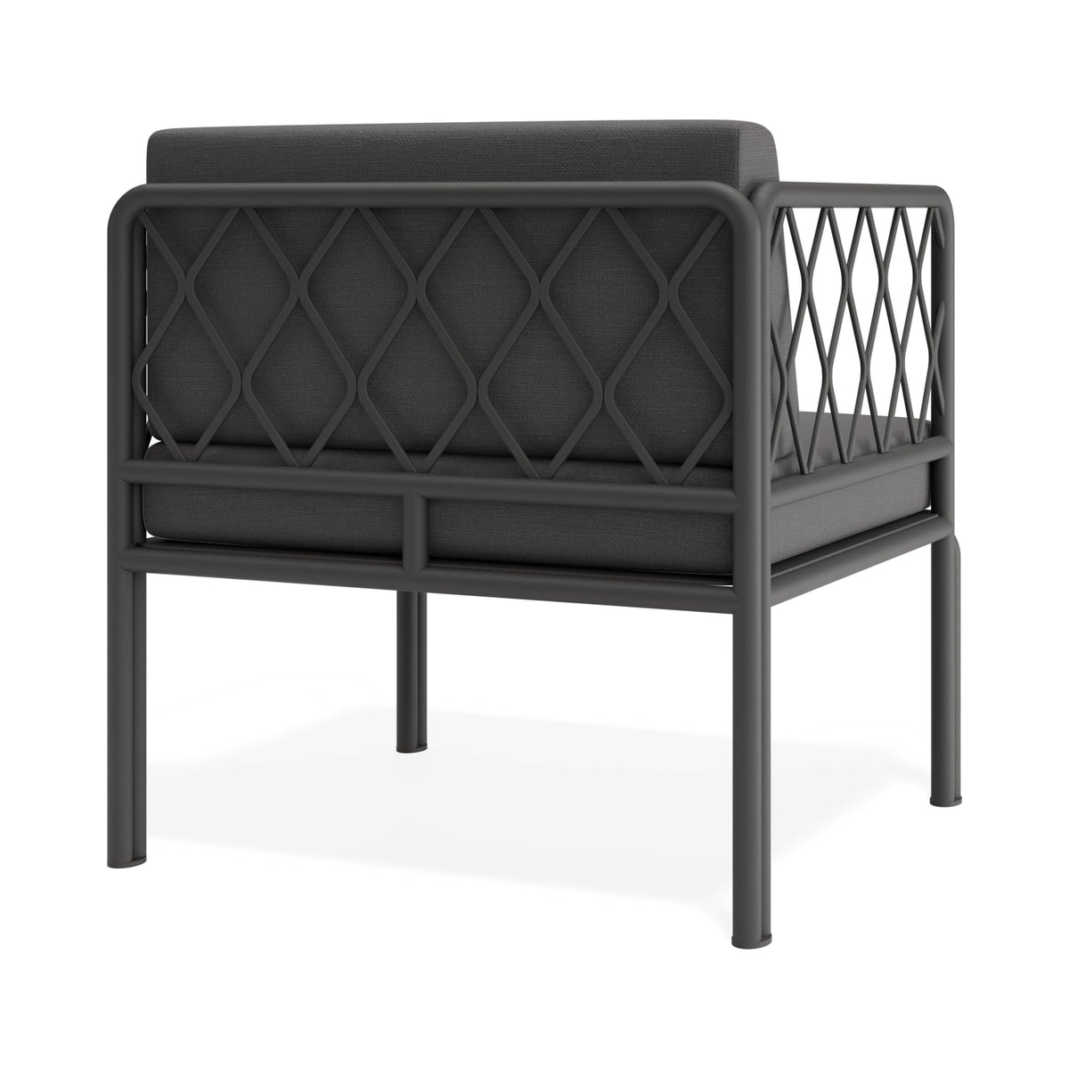 Seville lounge chair in charcoal with dark grey cushions, rear three-quarter view