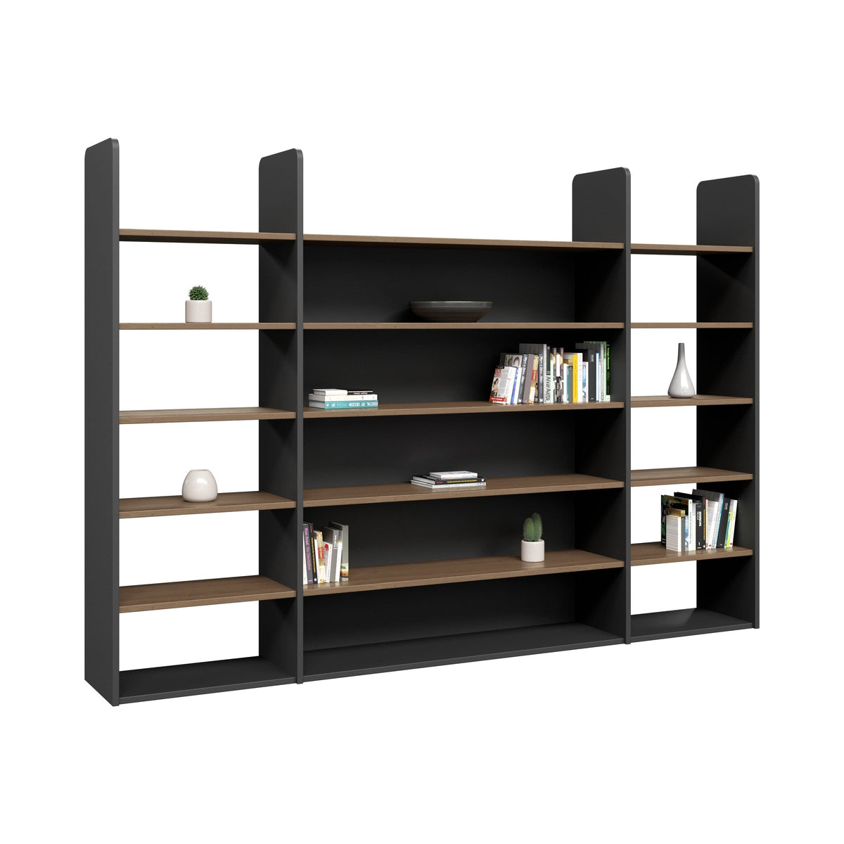Showcase display unit in black and walnut-look, angled view