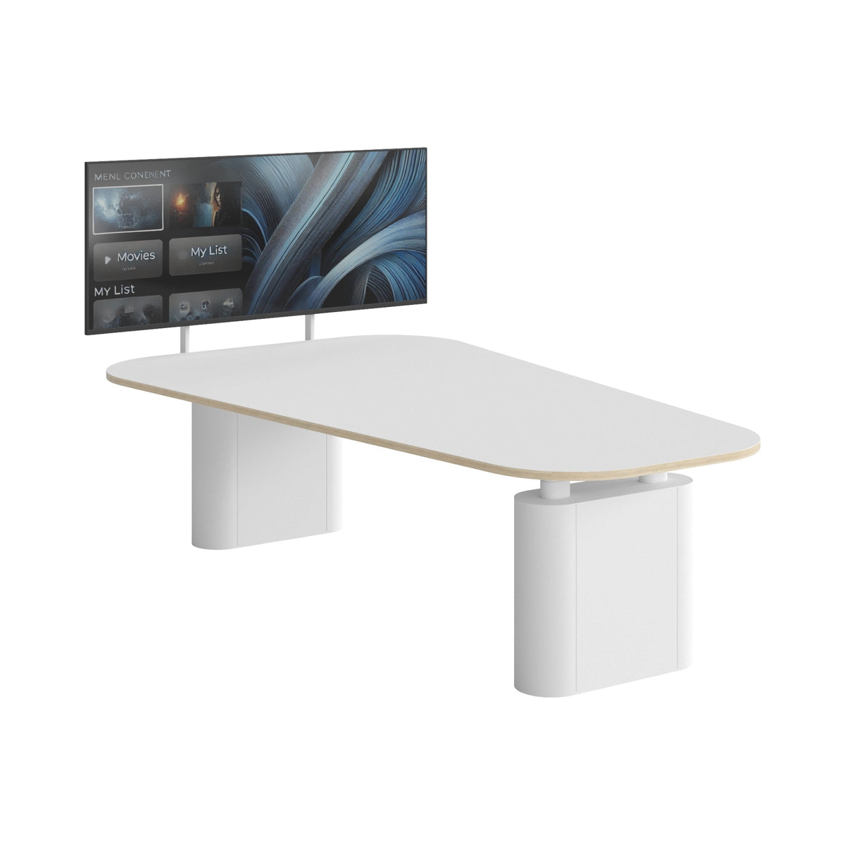 Skyborne media table with a white frame and top and a mounted screen