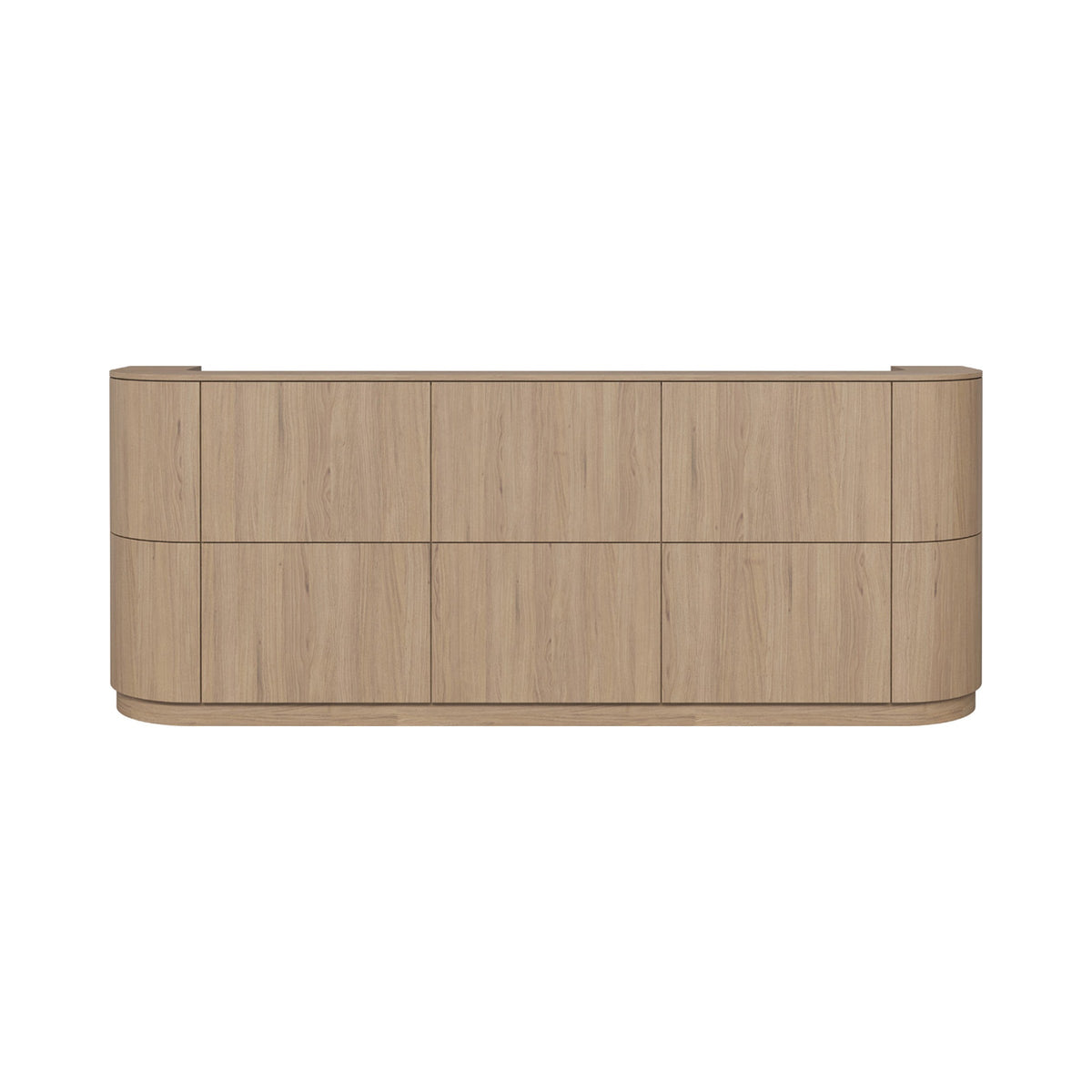 Skylar reception desk in oak-look with panelled front and curved ends