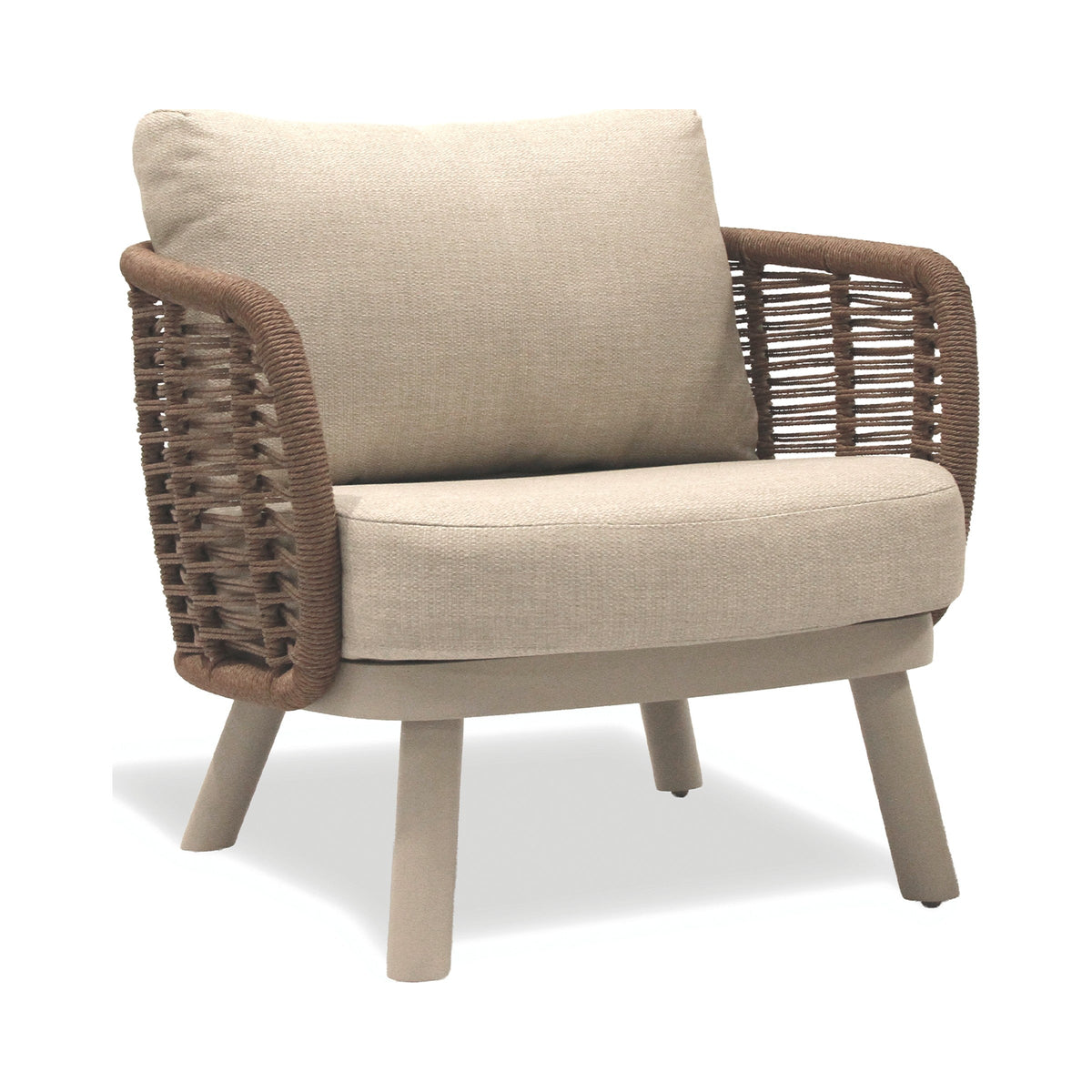 Sorrento lounge chair with natural rope and husk cushions, three-quarter view
