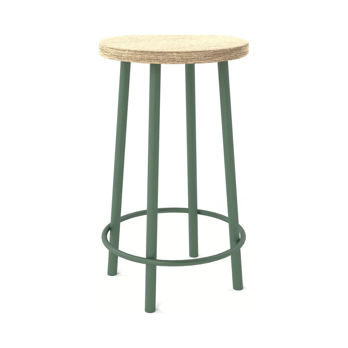 Crawford stool with a sage green frame and a timber-look seat