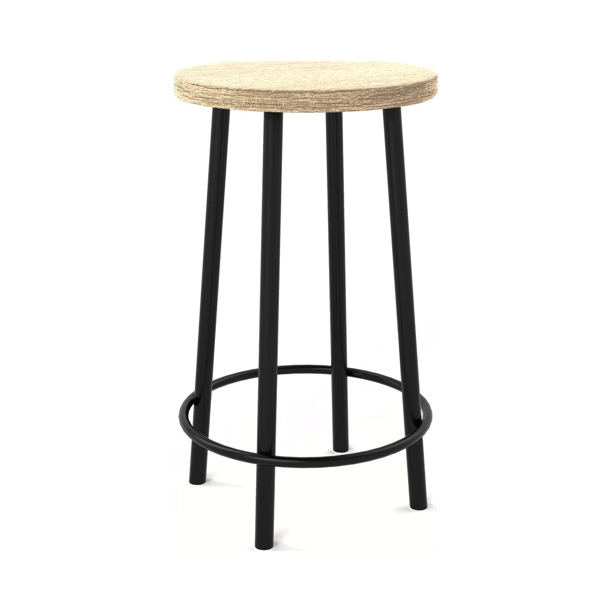 Crawford stool with a black frame and a timber-look seat