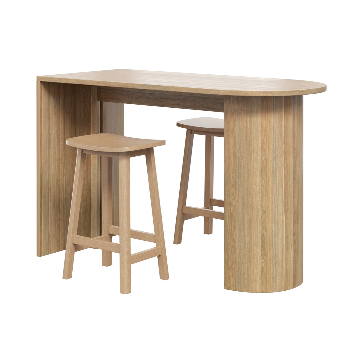 Tia Luxor high bench in oak-look, shown with two high stools