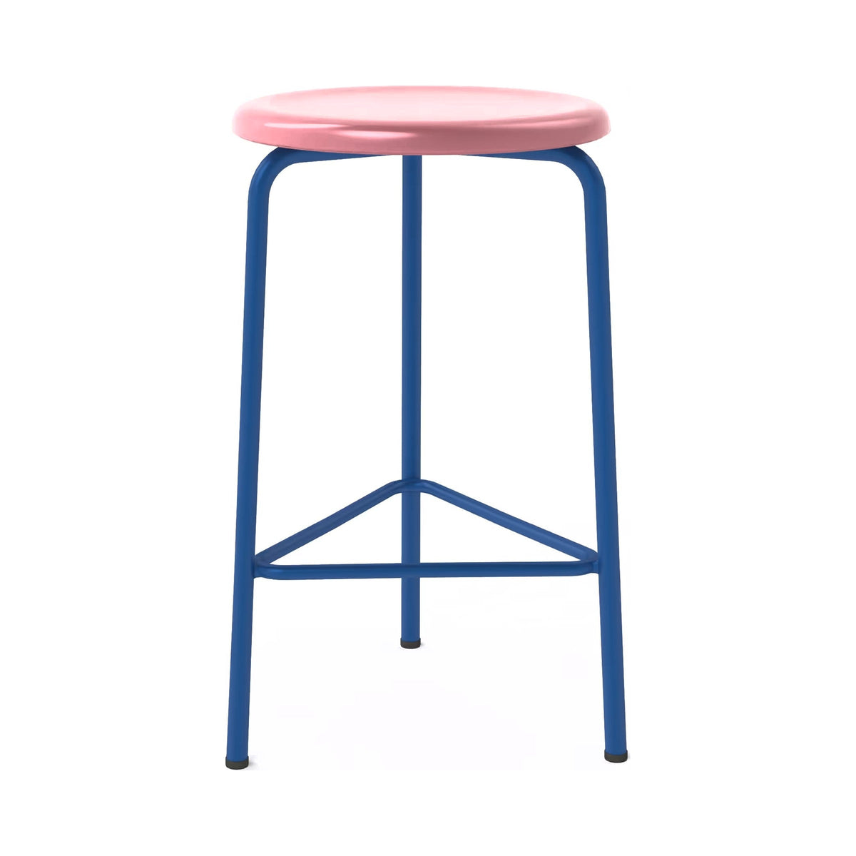 Tri stool with a blue frame and a pink seat