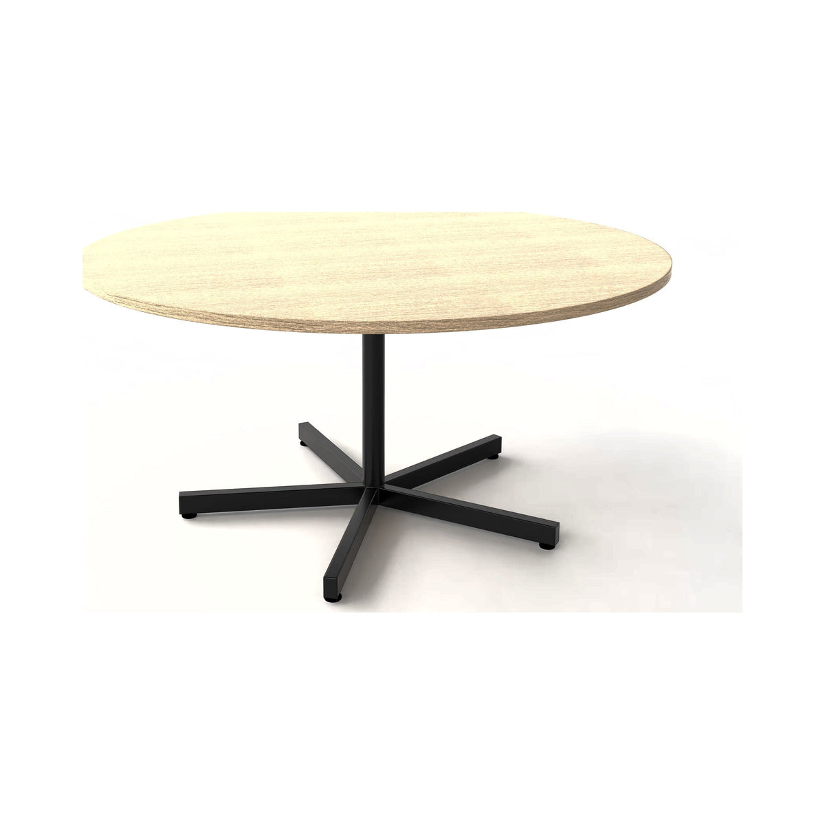 Trinity 5-way pedestal base in black with a round timber-look top