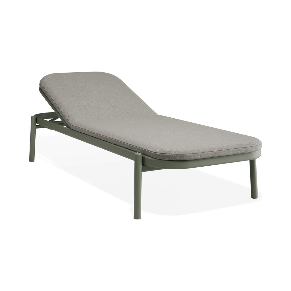 Verano sun lounge in eucalyptus green with light grey cushion, three-quarter view