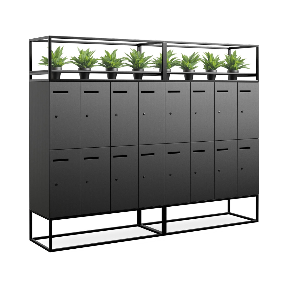 Welded garden lockers in black with artificial plants on top