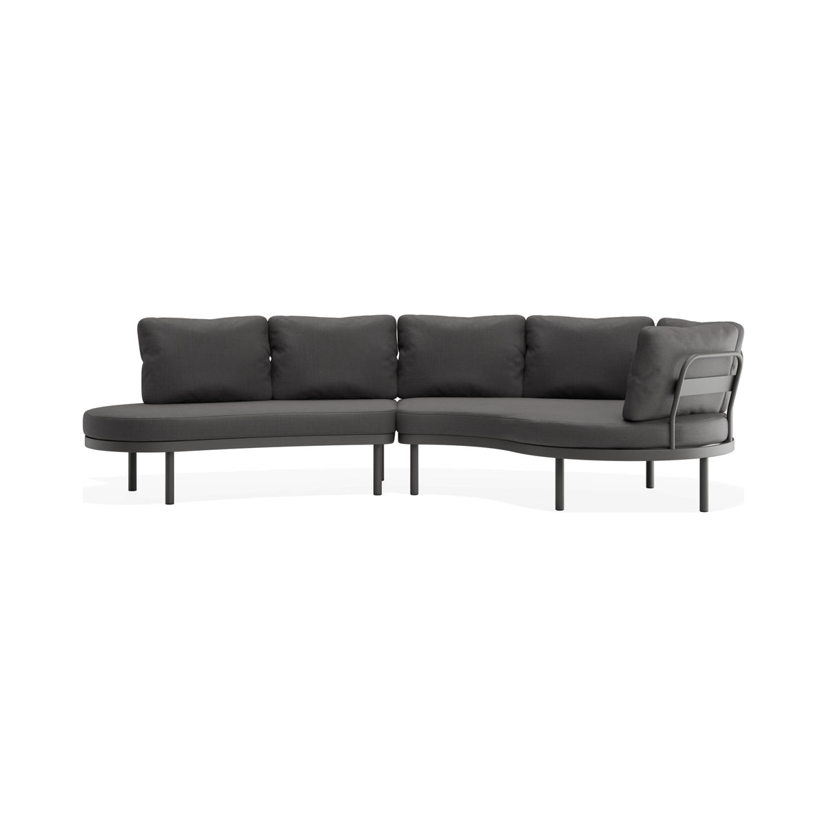 Aluna outdoor sofa, end-open layout, in charcoal with grey cushions, low front view