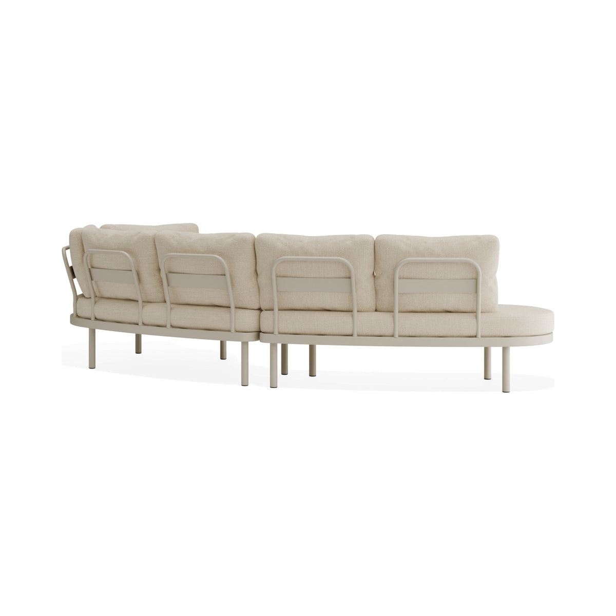 Aluna outdoor sofa, end-open layout, in latte, rear three-quarter view