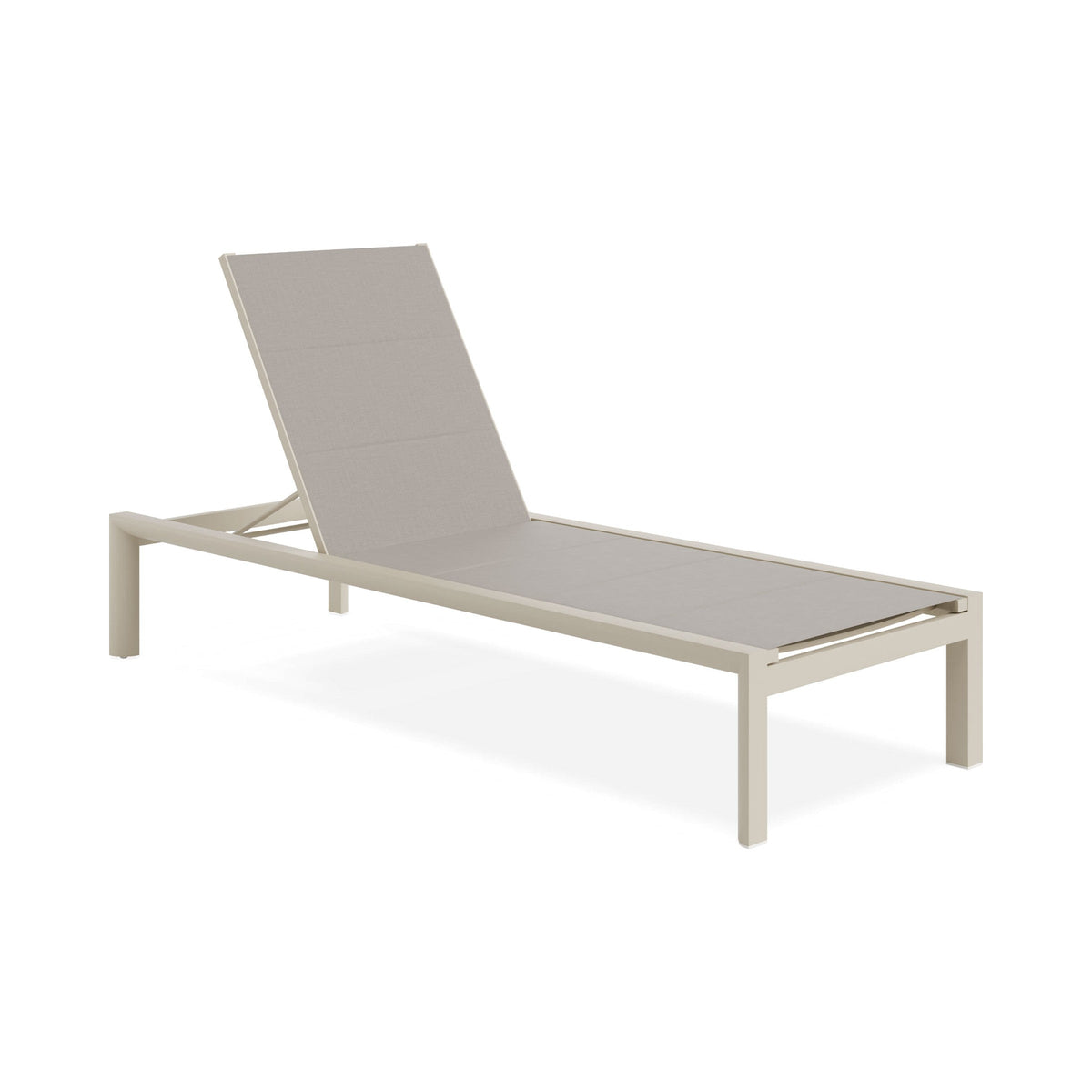 Alvor outdoor sun lounge in latte with biscuit mesh, three-quarter view