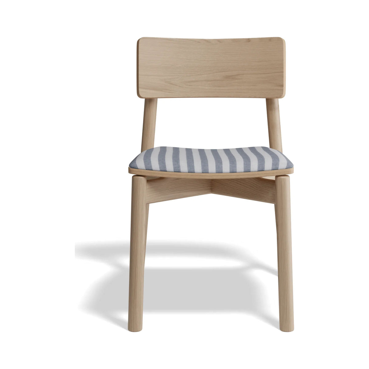 Andi Chair in natural ash with a blue and white striped seat pad, front view
