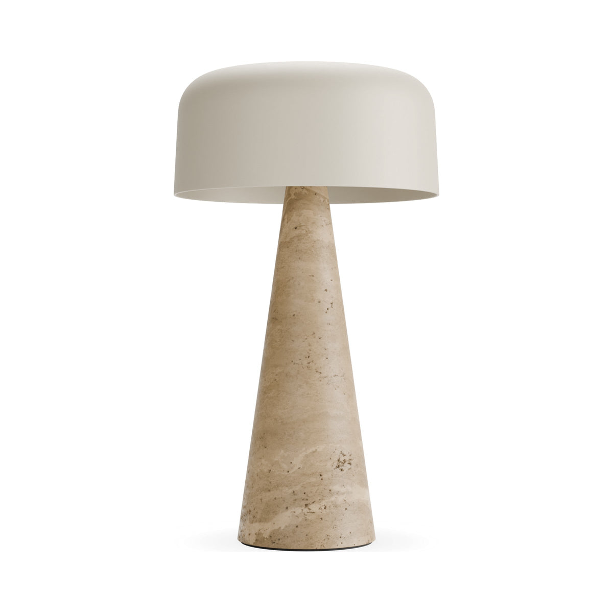 Aura solar lamp with latte shade and travertine base, side view