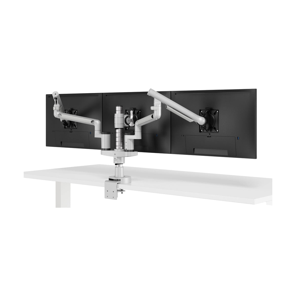 Flo Modular Monitor Arm in Silver, triple screens on one post