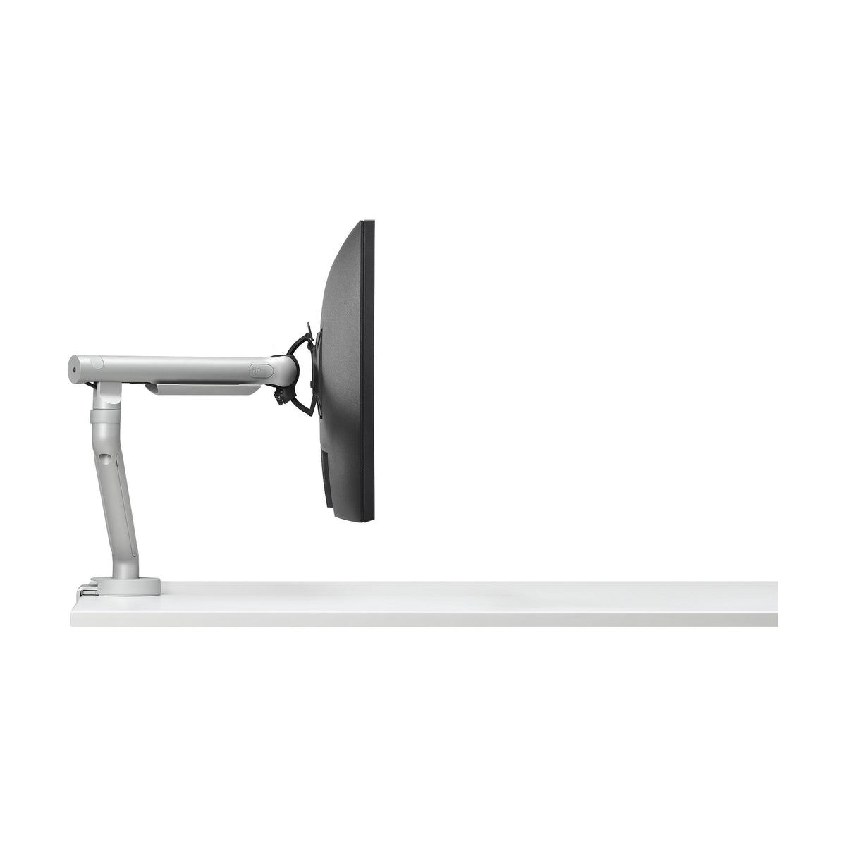 Flo Monitor Arm in Silver with a curved screen, side profile